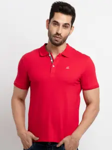 Status Quo Men Red Solid Polo Collar Cotton T-shirt