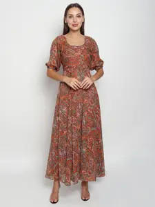 ISAM Brown Ethnic Motifs Printed Chiffon Maxi Dress