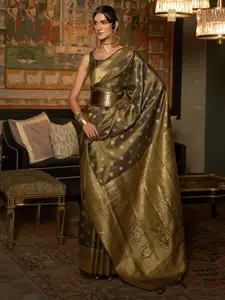 Mitera Olive Green & Gold-Toned Ethnic Motifs Zari Bagru Saree