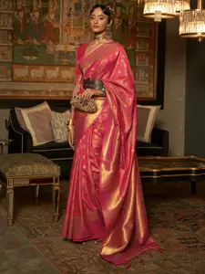 Mitera Pink & Gold-Toned Ethnic Motifs Zari Silk Blend Bagru Saree
