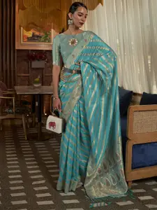 Mitera Blue & Gold-Toned Leheriya Zari Organza Leheriya Saree