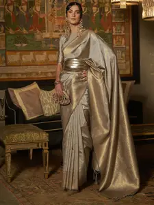 Mitera Grey & Gold-Toned Ethnic Motifs Zari Silk Blend Bagru Saree