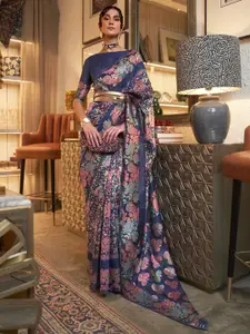 Mitera Navy Blue & Pink Floral Zari Silk Blend Banarasi Saree