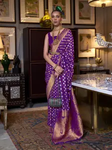 Mitera Purple & Gold-Toned Ethnic Motifs Zari Silk Blend Banarasi Saree
