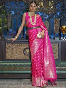 Mitera Pink & Gold-Toned Leheriya Zari Silk Blend Leheriya Saree