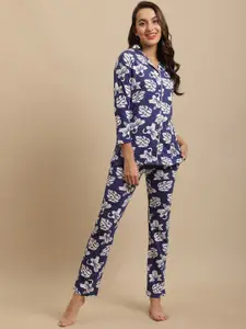 Claura Women Blue & White Printed Pure Cotton Nightsuit