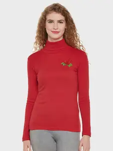 Hypernation Women Red Cotton High Neck T-shirt