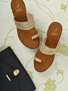Jove Gold-Toned & Tan Embellished Wedge Heels