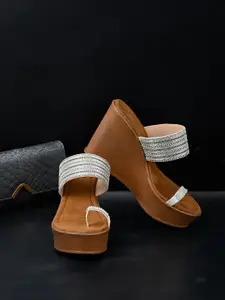 Jove Silver-Toned & Tan Embellished Wedge Heels