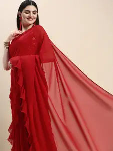 Ethnovog Ready To Wear Red Georgette Embroidered Draped Saree