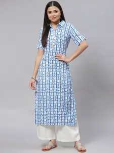 mokshi Women Blue & White Floral Print Straight Kurta