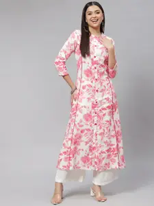 mokshi Women Pink & White Floral Print A-Line Kurta