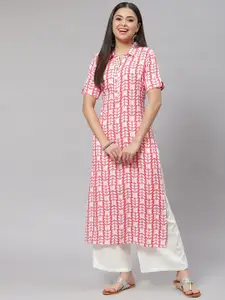 mokshi Women Pink & White Floral Print Straight Kurta