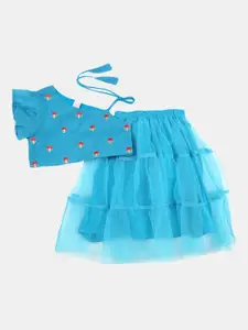 V-Mart Girls Blue Embellished Top with Skirt