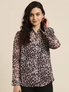 Qurvii Women Burgundy Smart Animal Printed Casual Shirt