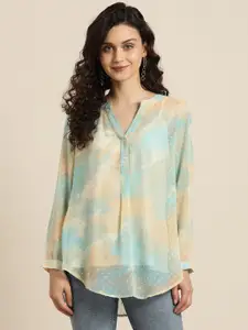 Qurvii Women Multicoloured Abstract Print Mandarin Collar Georgette Shirt Style Top