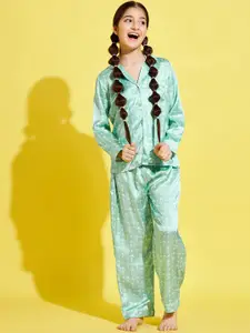 Cherry & Jerry Girls Turquoise Blue Printed Nightsuit