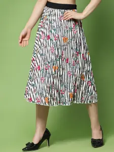 KASSUALLY Women White & Black Printed Flared Midi Skirt