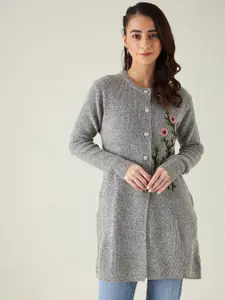 Modeve Women Grey Floral Longline with Embroidered Detail Acrylic Sweater