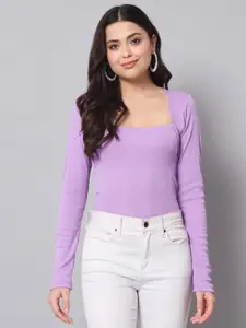 AAHWAN Women Purple Solid Basic Square Neck Top