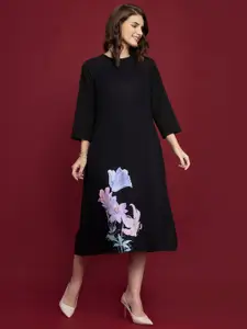 FableStreet Women Black Floral Formal A-Line Midi Dress