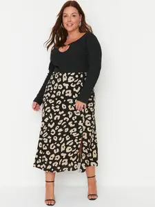 Trendyol Women Black & Off White Printed Midi Skirt