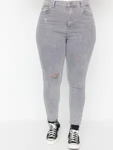 Trendyol Women Plus Size Grey Mildly Distressed Heavy Fade Jeans