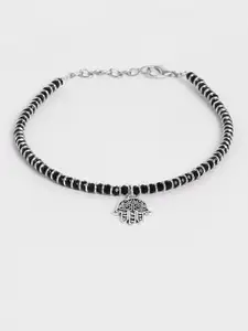 EL REGALO Silver-Toned & Black Beaded With Hand Textured Charm Anklets