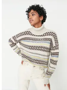 Trendyol Women Off White & Brown Printed Pullover