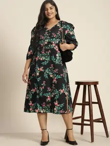 Sztori Plus Size Tropical Printed Puff Sleeves Slit Detail A-Line Midi Dress