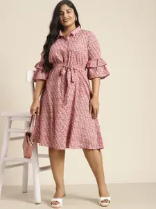 Sztori Plus Size Floral Printed Ruffle Detail Shirt Style Dress with a Belt