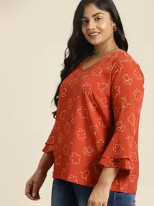 Sztori Plus Size Floral Printed V-Neck Bell Sleeves Top