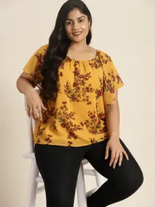 Sztori Plus Size Floral Printed Short Flared Sleeves Top