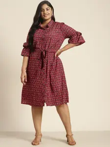 Sztori Plus Size Floral Printed Ruffle Detail Shirt Style Midi Dress with a Belt