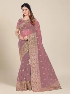 MS RETAIL Pink & Gold-Toned Embellished Sequinned Net Saree