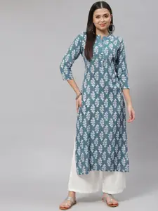mokshi Women Blue & Off White Floral Print Straight Kurta