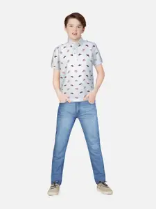 Gini and Jony Boys White Conversational Printed Polo Collar Cotton T-shirt