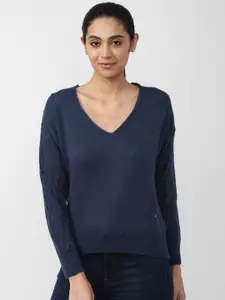 Van Heusen Woman Navy Blue Cable Knit V Neck Pullover