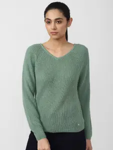 Van Heusen Woman Green Solid V Neck Pullover