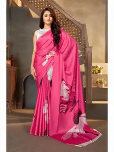 MONJOLIKA FASHION Pink & Grey Floral Satin Saree