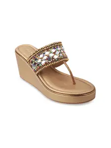 Metro Women Gold-Toned Embellished Wedge Heels