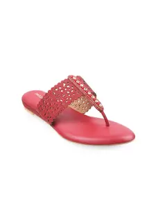 Mochi Women Maroon Embellished T-Strap Flats with Laser Cuts