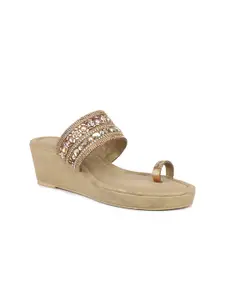 Inc 5 Women Gold-Toned Embellished Ethnic Wedge Heels