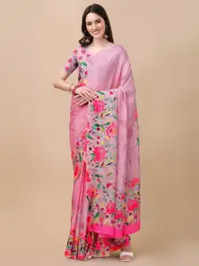 Mitera Pink & Green Floral Printed Saree