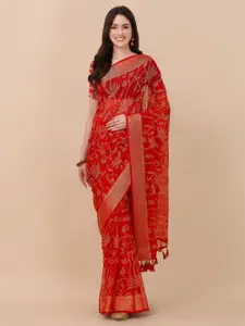 Mitera Red & Gold-Toned Floral Printed Saree