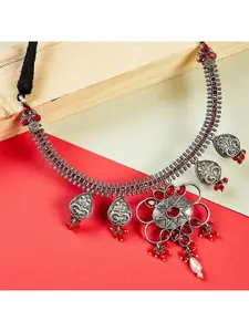 ZeroKaata Women Antique Silver Plated and Red Gemstones Studded Brass Choker Necklace
