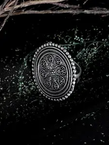 ZeroKaata Oxidised Silver Plated Floral Brass Adjustable Finger Ring