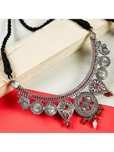 ZeroKaata Silver-Toned & Red Brass Silver-Plated Oxidised Necklace