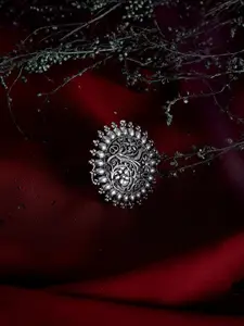 ZeroKaata Oxidised Silver-Plated Floral Design Brass Adjustable Finger Ring