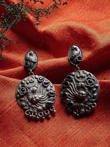 ZeroKaata Silver-Toned Oxidised Contemporary Drop Earrings